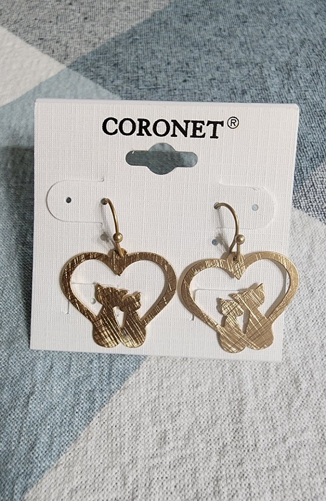 BRASS CATS W/HEART PIERCED EARRINGS