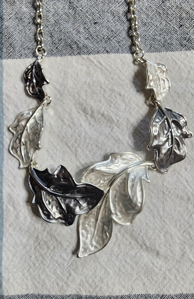 White/Grey/Silver Enamel Leaves Necklace