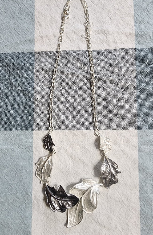 White/Grey/Silver Enamel Leaves Necklace